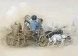 Ludwig Richter, DREI KINDER AUF EINEM VON HUNDEN GEZOGENEN LEITERWAGEN VOR EINER DORFKULISSE.