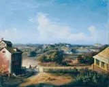 Russischer Meister, WEITE LANDSCHAFT MIT SCHLÖSSERN UND EINEM EINSPÄNNER., Öl auf Leinwand, auf Holz aufgezogen