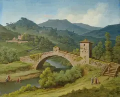zugeschrieben Carl Triebel, LANDSCHAFT MIT BRÜCKE IN DEN SABINERBERGEN., Öl auf Leinwand