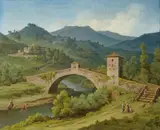 zugeschrieben Carl Triebel, LANDSCHAFT MIT BRÜCKE IN DEN SABINERBERGEN., Öl auf Leinwand