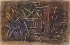 Willi Baumeister, Drei Figuren, Kohle- und Pastellkreidezeichnung, teils gewischt, auf Büttenpapier mit Wasserzeichen "MONTGOLFIER FRANCE"