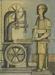 Gottfried Brockmann, Schreinerei mit Maschine (Tischler), Bleistift, Graphit und Wasserfarben auf festem gelblichen Karton
