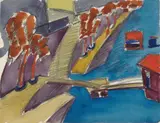 Walter Dexel, Seineufer mit Pontonbrücke (Paris), Aquarell über Graphitstiftzeichnung auf elfenbeinfarbenem festen Zeichenpapier