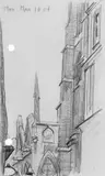 Lyonel Feininger, Detail einer Kirche in Paris, Bleistiftzeichnung auf einfachem karierten Papier