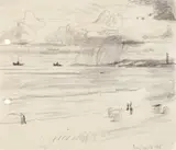 Lyonel Feininger, Bucht mit Dampfer, Leuchtturm, Leuten und Strandhütten mit Sturmwolken bei Heringsdorf, Schwarze Kreidezeichnung auf einfachem strukturierten Papier