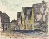 Lyonel Feininger, Ohne Titel (Village, near Weimar), Farbige Kreidezeichnung auf einfachem glatten, gelblichen Papier