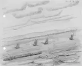 Lyonel Feininger, Fischerboote aufs Meer hinausfahrend bei Heringsdorf, Bleistift und schwarze Kreide auf einfachem chamoisfarbenen Papier