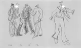 Lyonel Feininger, Gruppe von vier Männern (vermutlich Fischern) und einem Matrosen, Bleistiftzeichnung auf einfachem Papier