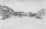 Lyonel Feininger, Treptow (Der Hof des Herrensitzes, mit Wagen und Sonnenuntergang oder Vollmond), Bleistift und schwarze Kreide auf einfachem chamoisfarbenen Papier
