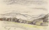 Lyonel Feininger, Landschaft in Connecticut, Farbkreidezeichnung auf einfachem chamoisfarbenen Papier