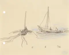 Zwei kleine Segelboote mit je ein oder zwei Figuren auf dem Fluss by Lyonel Feininger, Bleistift und blaue Kreide auf chamoisfarbenem fein strukturierten Papier, sold Jun 2006