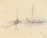 Lyonel Feininger, Zwei kleine Segelboote mit je ein oder zwei Figuren auf dem Fluss, Bleistift und blaue Kreide auf chamoisfarbenem fein strukturierten Papier