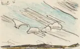 Lyonel Feininger, Vom Wind verwehte Wolken über der hügeligen Landschaft von Connecticut, Farbige Kreidezeichnung auf strukturiertem chamoisfarbenen Papier