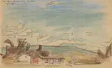 Lyonel Feininger, Der Blick aus meinem Fenster (Wolken über Connecticut), Farbige Kreidezeichnung auf einfachem linierten Schreibpapier