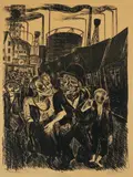Conrad Felixmüller, Heimkehr der Kohlenarbeiter, Original-Lithographie auf bräunlichem Maschinenpapier