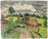 Hügellandschaft mit Häusern und Windmühle by Erich Heckel, Aquarell über Graphitstiftvorzeichnung auf elfenbeinfarbenem handgeschöpften Velin, sold Jun 2006