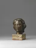 Frauenkopf by Fritz Klimsch, Bronzeplastik. Höhe 7,9 cm. Am Halsansatz rechts mit dem eingeritzten Monogramm F.K. versehen. Auf einen hell marmoriert, sold Jun 2006