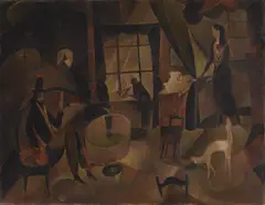 Joseph Kölschbach, Figürliche Szene mit elegantem Paar und Windhund, Öl auf Karton