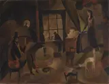 Joseph Kölschbach, Figürliche Szene mit elegantem Paar und Windhund, Öl auf Karton
