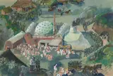 Oskar Laske, Badehaus, Aquarell und Gouache über Bleistiftvorzeichnung auf genarbtem grünlichen Tonpapier