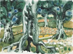 Gerhard Marcks, Olivenhain, Aquarell über Bleistiftvorzeichnung auf genarbtem chamoisfarbenen, festen Aquarellpapier