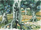 Gerhard Marcks, Olivenhain, Aquarell über Bleistiftvorzeichnung auf genarbtem chamoisfarbenen, festen Aquarellpapier