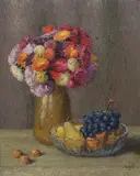 Josef Mangold, Stilleben mit Astern und Fruchtschale (Bunter Strauß)