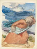 Ludwig Meidner, Verzweifelter Prophet. Rückseitig: Figurengruppe, Kohlezeichnung und Aquarell bzw. rote Tinte und Aquarell auf glattem gelblichen Velin