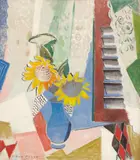 Oskar Moll, Sonnenblumen (mit Fensterladen), Öl auf Leinwand