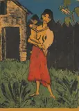 Otto Mueller, Stehende Zigeunerin mit einem Kind auf dem Arm, Original-Farblithographie, der Rock der Zigeunerin intensiv mit lavierter roter Fettkreide überarbeitet, auf gelbem Papier