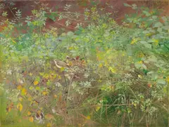 Jean-Bloé Niestlé, Grasmücke in einer Brombeerhecke, Öl auf Leinwand