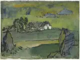 Marschlandschaft mit Gehöft by Emil Nolde, Aquarell auf sehr dünnem Japanpapier, sold Jun 2006