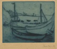 Kähne by Max Pechstein, Original-Radierung (Ätzung) in Blau mit Ton auf graubraunem Strohkarton, sold Jun 2006