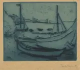 Max Pechstein, Kähne, Original-Radierung (Ätzung) in Blau mit Ton auf graubraunem Strohkarton