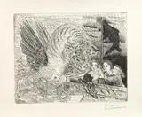 Pablo Picasso, Harpye à tête de taureau, et quatre petites filles sur une tour surmontée d'un drapeau noir, 1934, Etching