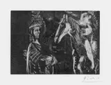 Pablo Picasso, Vieil homme et femme penchée sur l'encolure de son cheval, Original-Radierung (Aquatinta, Kaltnadel, Polierstahl) auf Velin