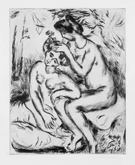 Hans Purrmann, Zwei Mädchen nach dem Bade, Original-Radierung (Kaltnadel) auf gelblichem Velin