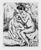 Hans Purrmann, Zwei Mädchen nach dem Bade, Original-Radierung (Kaltnadel) auf gelblichem Velin