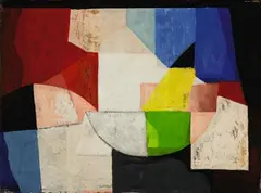 Paul Reichle, Ohne Titel, Acryl auf Karton, collagiert mit Zeitungsausschnitten, auf Hartfaserplatte aufgezogen
