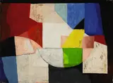Paul Reichle, Ohne Titel, Acryl auf Karton, collagiert mit Zeitungsausschnitten, auf Hartfaserplatte aufgezogen
