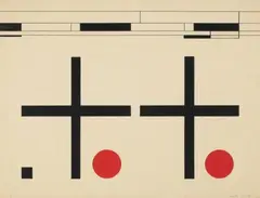 Komposition mit roten Kreisen by Peter Röhl, Tusche und Gouache auf chamoisfarbenem Malkarton, sold Jun 2006