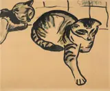 Katzen by Karl Schmidt-Rottluff, Tuschpinsel und Aquarell auf glattem Velin mit Prägestempel "ADLER", sold Jun 2006