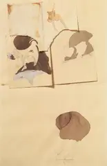 Joseph Beuys, Ohne Titel, Aquarell, Bleistift und Papiercollage (u.a. liniertes Notizbuchpapier) auf chamoisfarbenem, mittig gefaltetem Papier