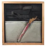Materialkasten by Karl Fred Dahmen, Collage aus bemaltem Polster, Sägeblatt, Lederriemen, Strick, Rosshaar, Stroh, Holz und Dynamithülse, sold Jun 2006