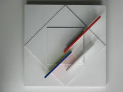 Jean Gorin, Composition-Spatio-Temporelle No. 82, Wandrelief mit farbig gefaßten Holzelementen auf einer Grundplatte