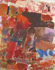 Fritz Harnest, Ohne Titel, Collage aus bemalten Papier- und Zeitungsausschnitten auf weiß grundierter Leinwand
