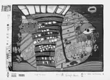 Flucht ins All by Friedensreich Hundertwasser, Farbserigraphie mit Metallprägung auf dünnem Karton mit Prägestempel "SCHOELLER STERN", sold Jun 2006