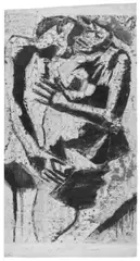 Thomas Lange, Umarmung, Original-Farbholzschnitt, die Farben dick und monotypieartig aufgetragen, auf glattem bräunlichen Papier