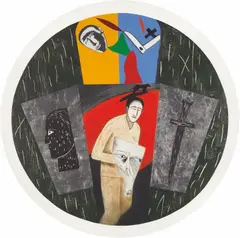 Mimmo Paladino, America, Ätzung, Kaltnadel, Aquatinta, Holzschnitt, Farbserigraphie und Blattsilber auf einem Blatt Velin Durchmesser 155 cm, unter Glas gerahmt