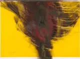 Otto Piene, Ohne Titel, Feuergouache: Gouache und Ruß auf gelb grundiertem Grund auf festem Karton